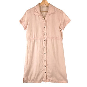 J.Jill 100% Linen Lt Pink Shirt Dress Knee Length SIZE SMALL Womens Embroidered